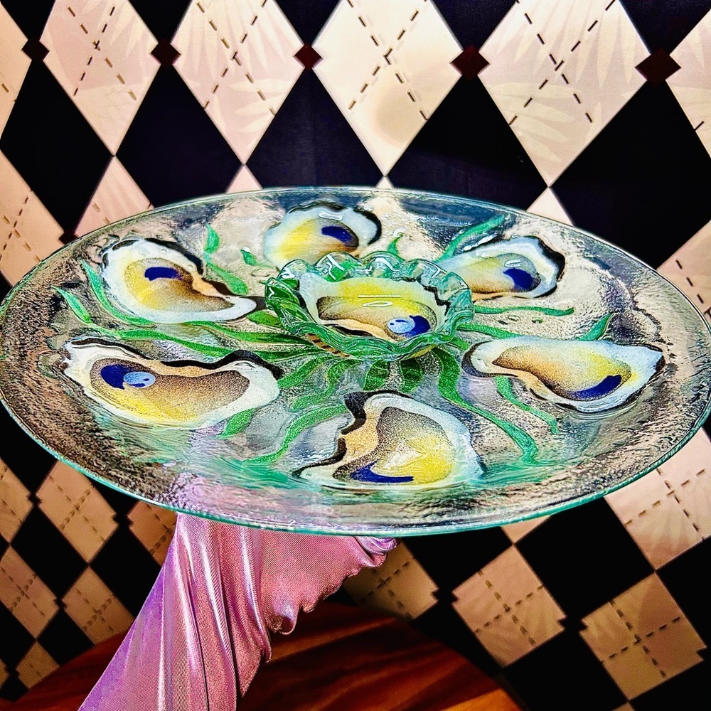 Oyster Shell Motif Fused Glass Platter & Bowl Set — Iridescent Coastal Art Glass - Picture 7 of 16